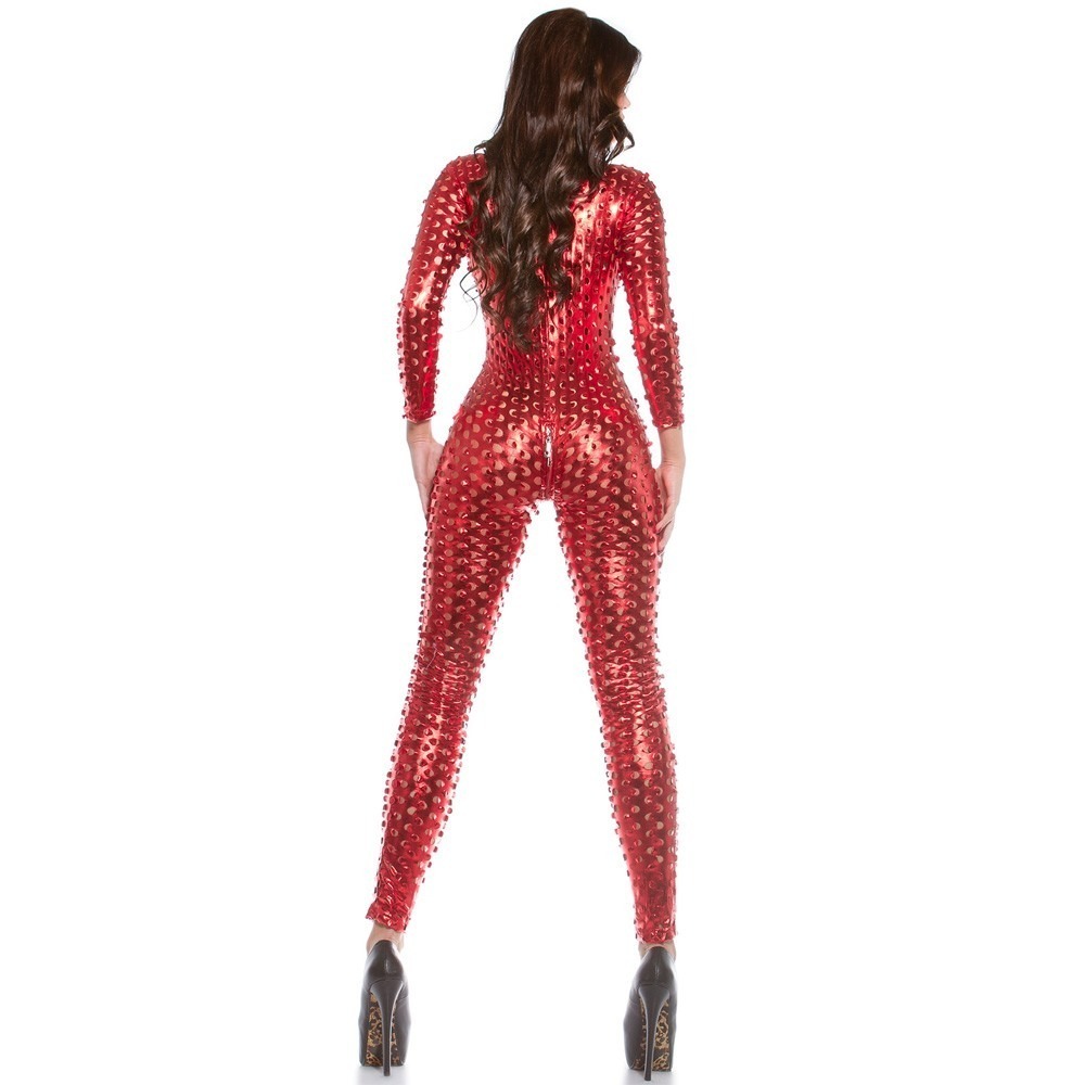 KouCla Wet Look Crotch Zip Catsuit - Red, FashionCherries